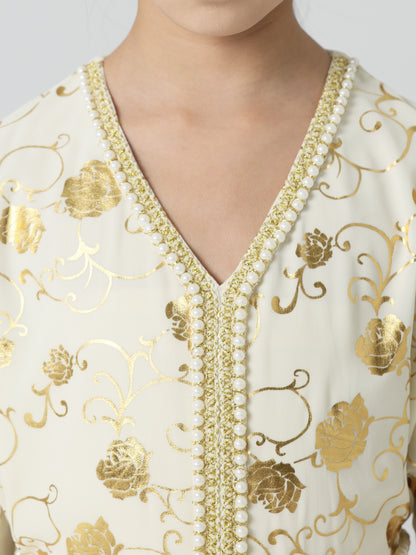 MSL4111 Girls Abaya - Gold Foil, Floral, Beaded, Loose Fit | Hojumbo