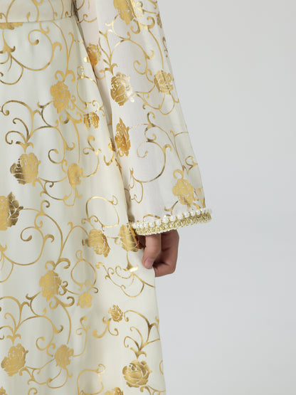 MSL4111 Girls Abaya - Gold Foil, Floral, Beaded, Loose Fit | Hojumbo