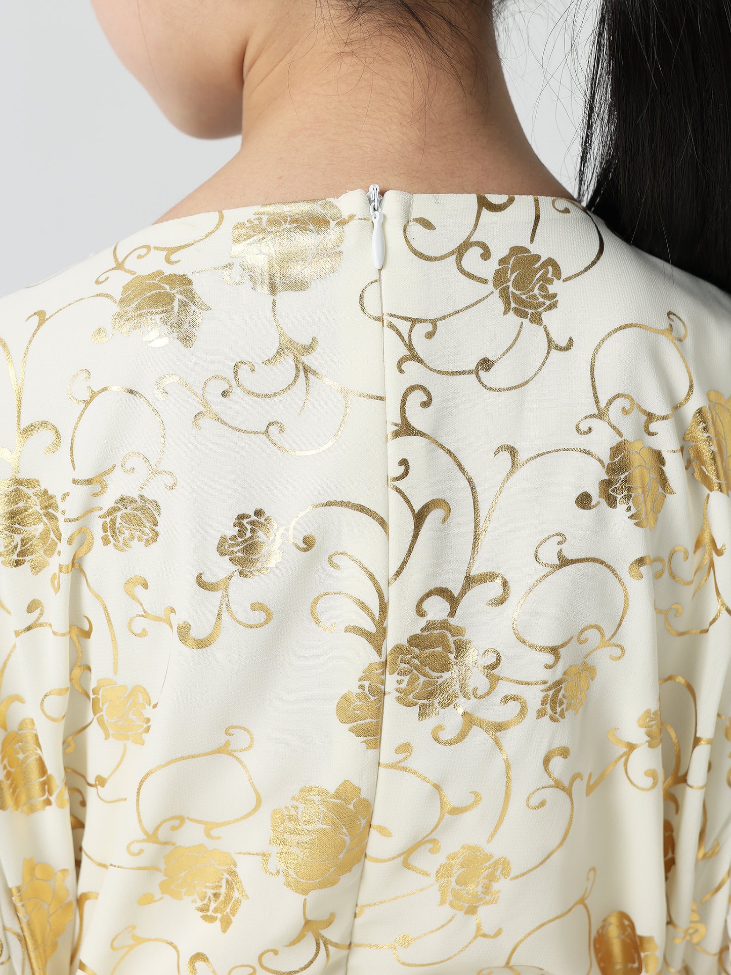 MSL4111 Girls Abaya - Gold Foil, Floral, Beaded, Loose Fit | Hojumbo