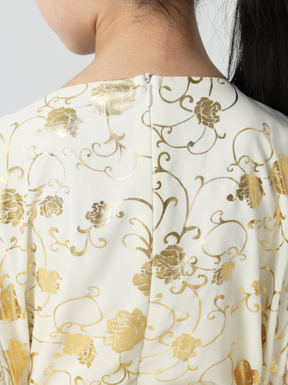 MSL4111 Girls Abaya - Gold Foil, Floral, Beaded, Loose Fit | Hojumbo