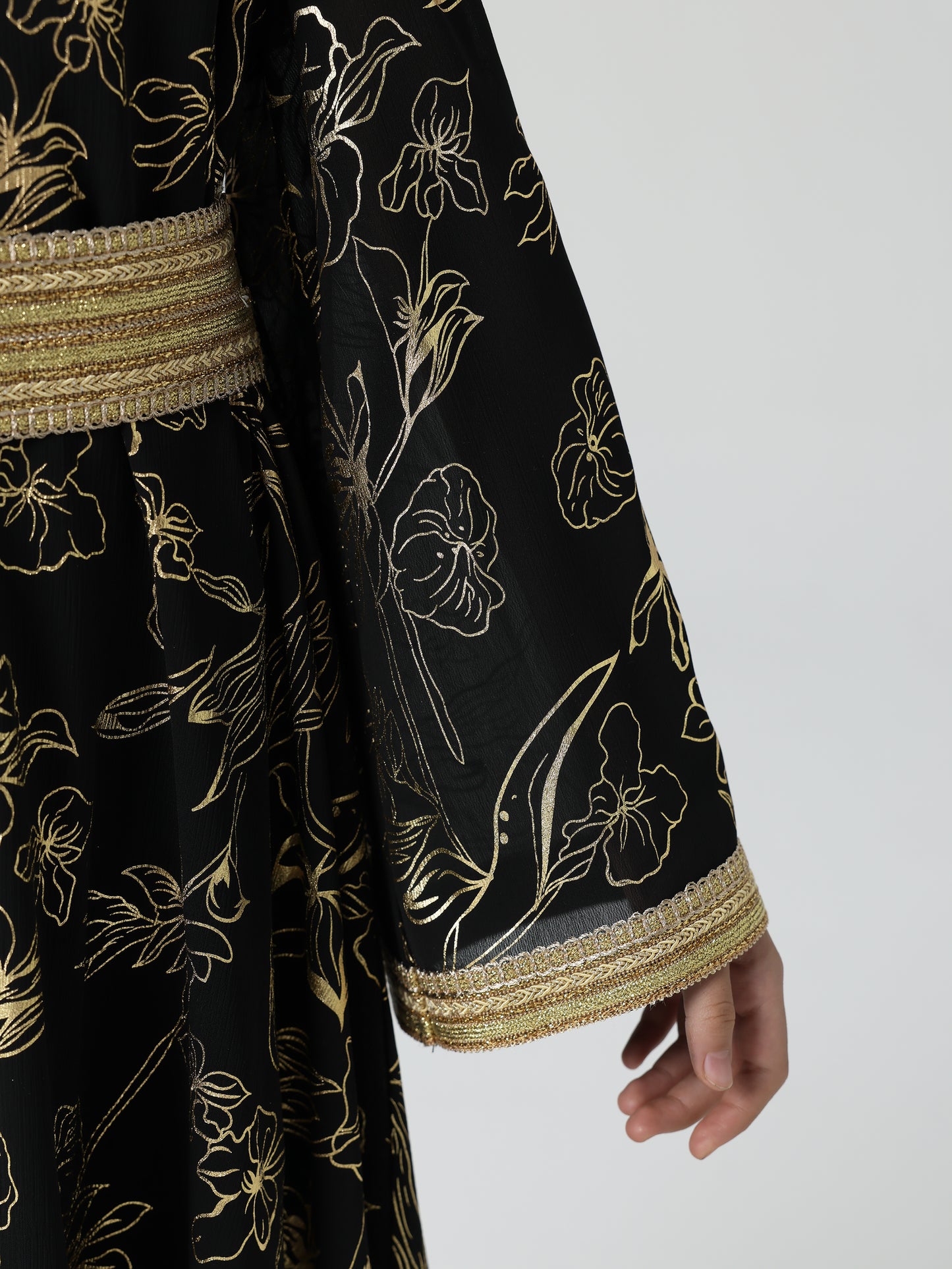 MSL411 Girls Abaya - V-Neck, Gold Foil Print | Hojumbo