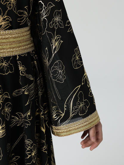 MSL411 Girls Abaya - V-Neck, Gold Foil Print | Hojumbo
