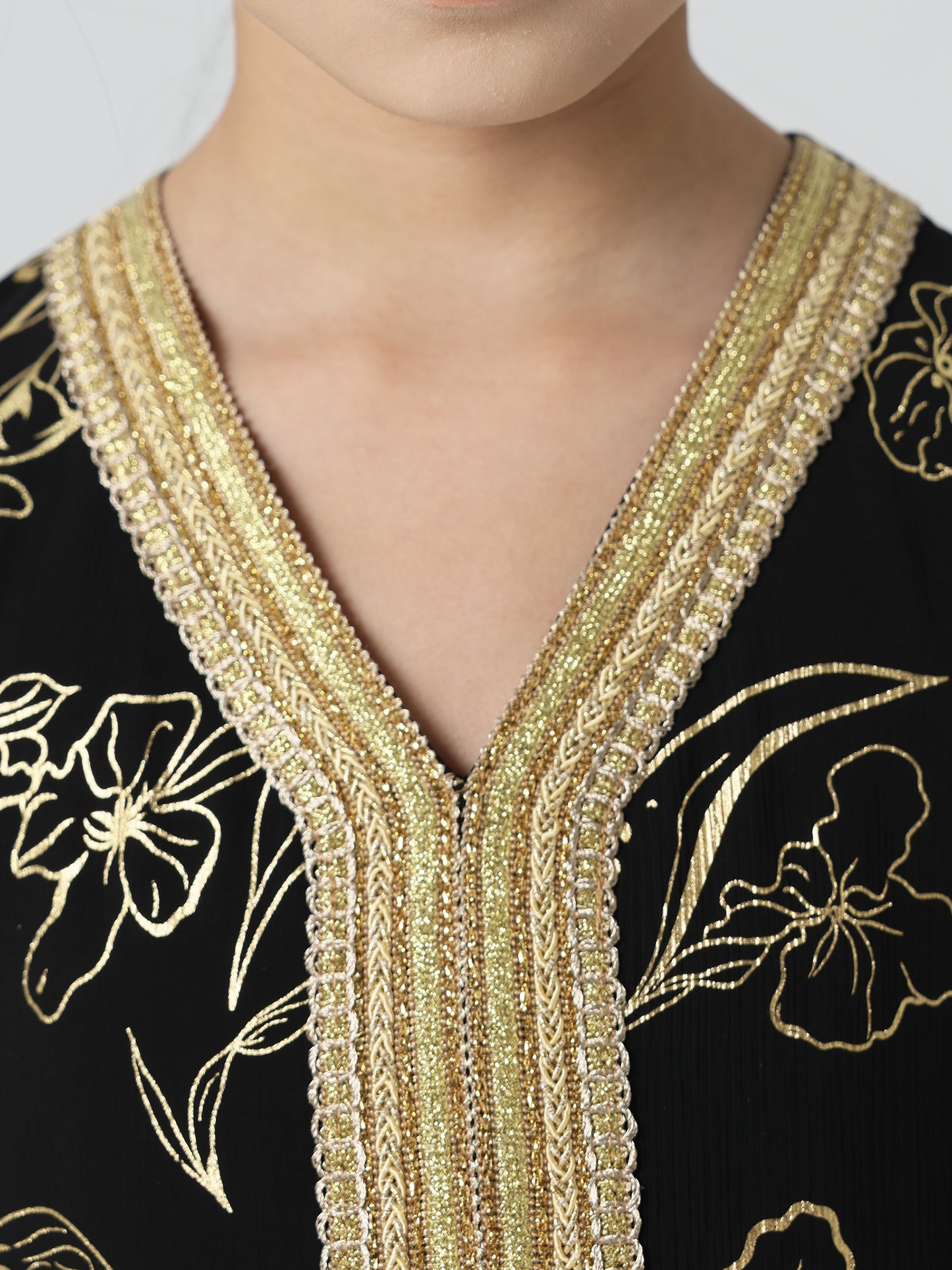 MSL411 Girls Abaya - V-Neck, Gold Foil Print | Hojumbo
