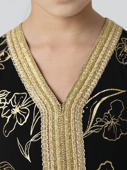 MSL411 Girls Abaya - V-Neck, Gold Foil Print | Hojumbo