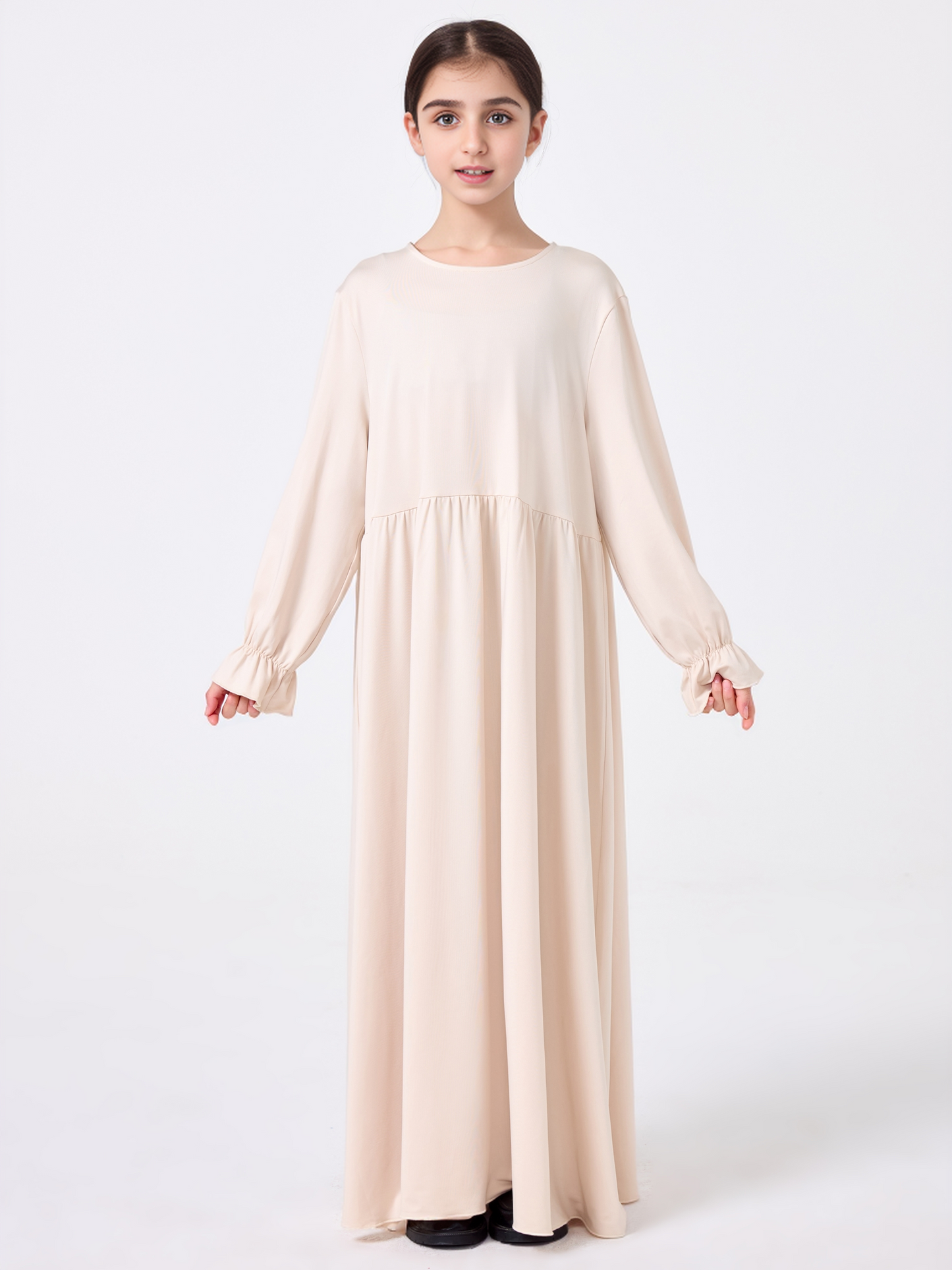 MSL0509 Modest Girls' Abaya Set - Flared Sleeve, Lace Hijab, 2-Piece | Hojumbo