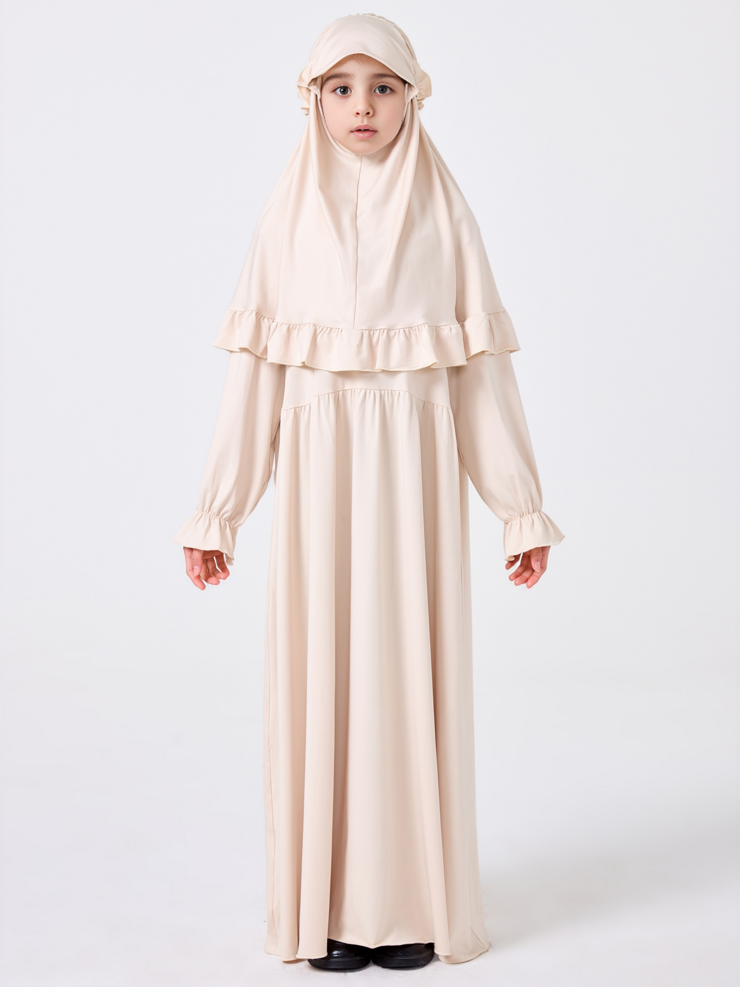 MSL0509 Modest Girls' Abaya Set - Flared Sleeve, Lace Hijab, 2-Piece | Hojumbo