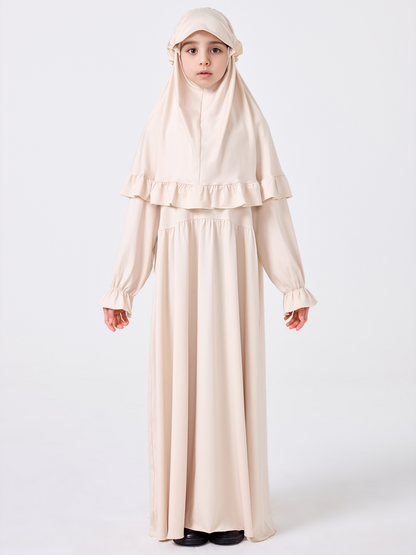 MSL0509 Modest Girls' Abaya Set - Flared Sleeve, Lace Hijab, 2-Piece | Hojumbo