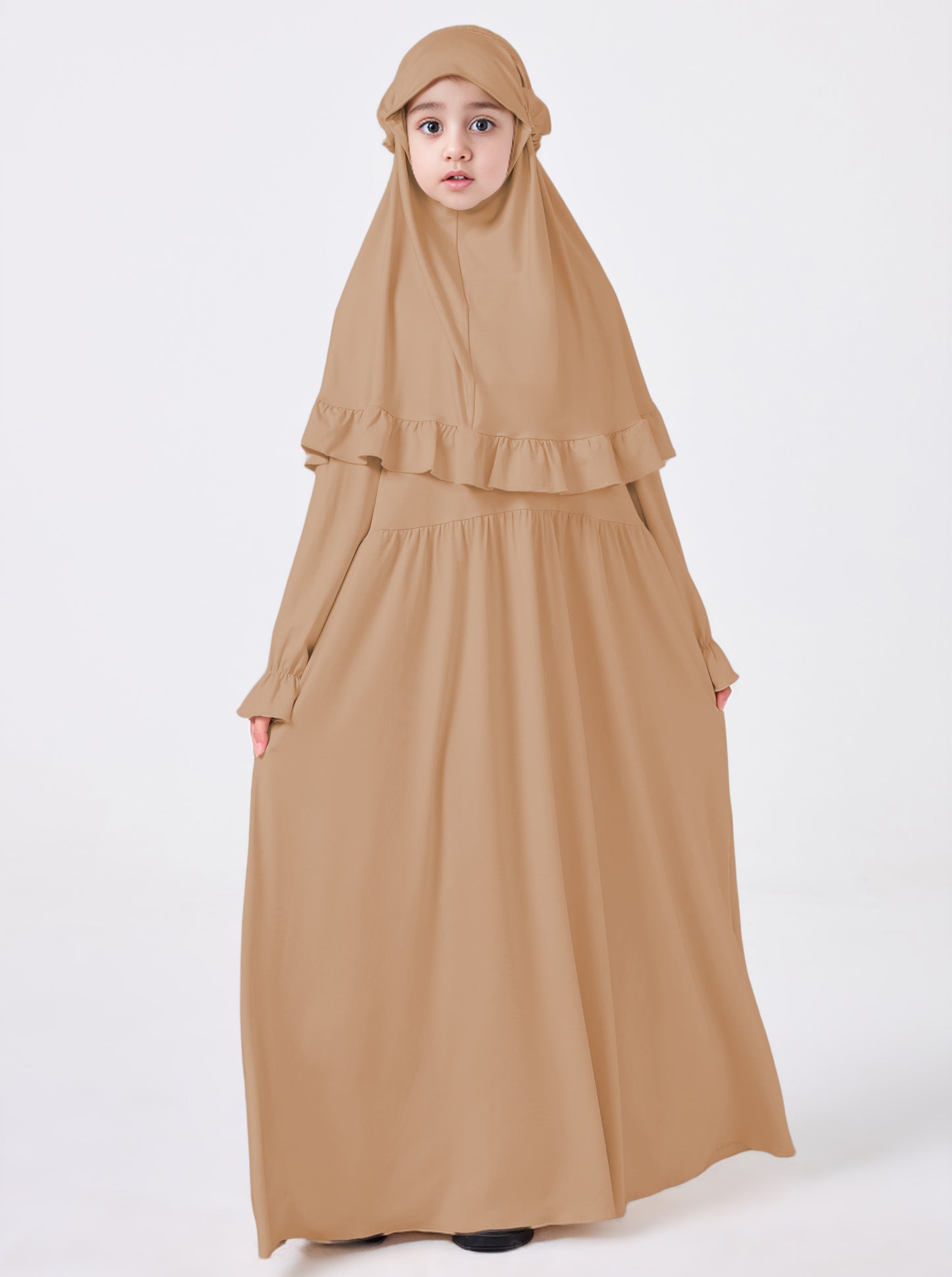 MSL0509 Modest Girls' Abaya Set - Flared Sleeve, Lace Hijab, 2-Piece | Hojumbo