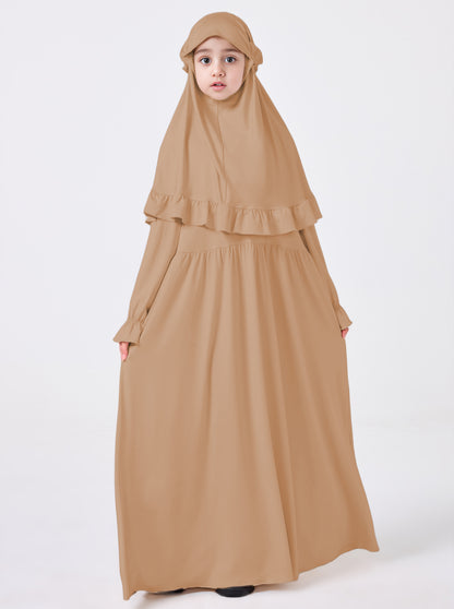 MSL0509 Modest Girls' Abaya Set - Flared Sleeve, Lace Hijab, 2-Piece | Hojumbo