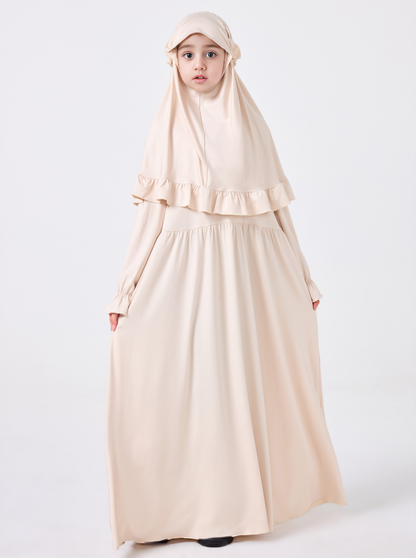 MSL0509 Modest Girls' Abaya Set - Flared Sleeve, Lace Hijab, 2-Piece | Hojumbo