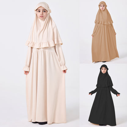 MSL0509 Modest Girls' Abaya Set - Flared Sleeve, Lace Hijab, 2-Piece | Hojumbo