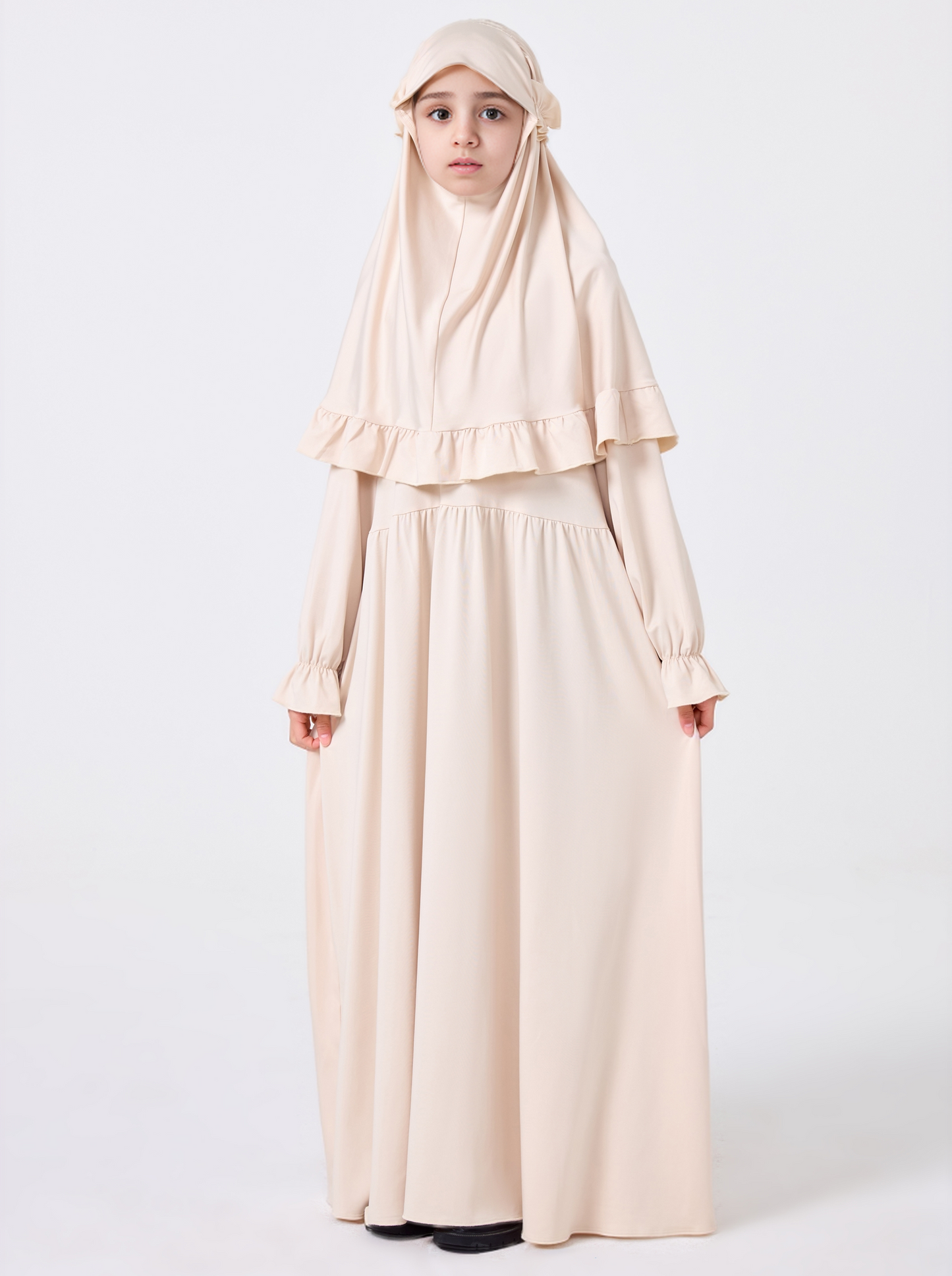 MSL0509 Modest Girls' Abaya Set - Flared Sleeve, Lace Hijab, 2-Piece | Hojumbo