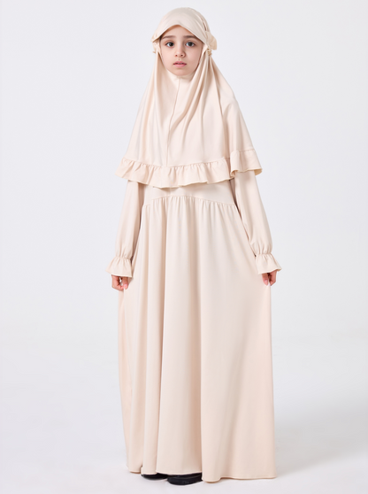 MSL0509 Modest Girls' Abaya Set - Flared Sleeve, Lace Hijab, 2-Piece | Hojumbo