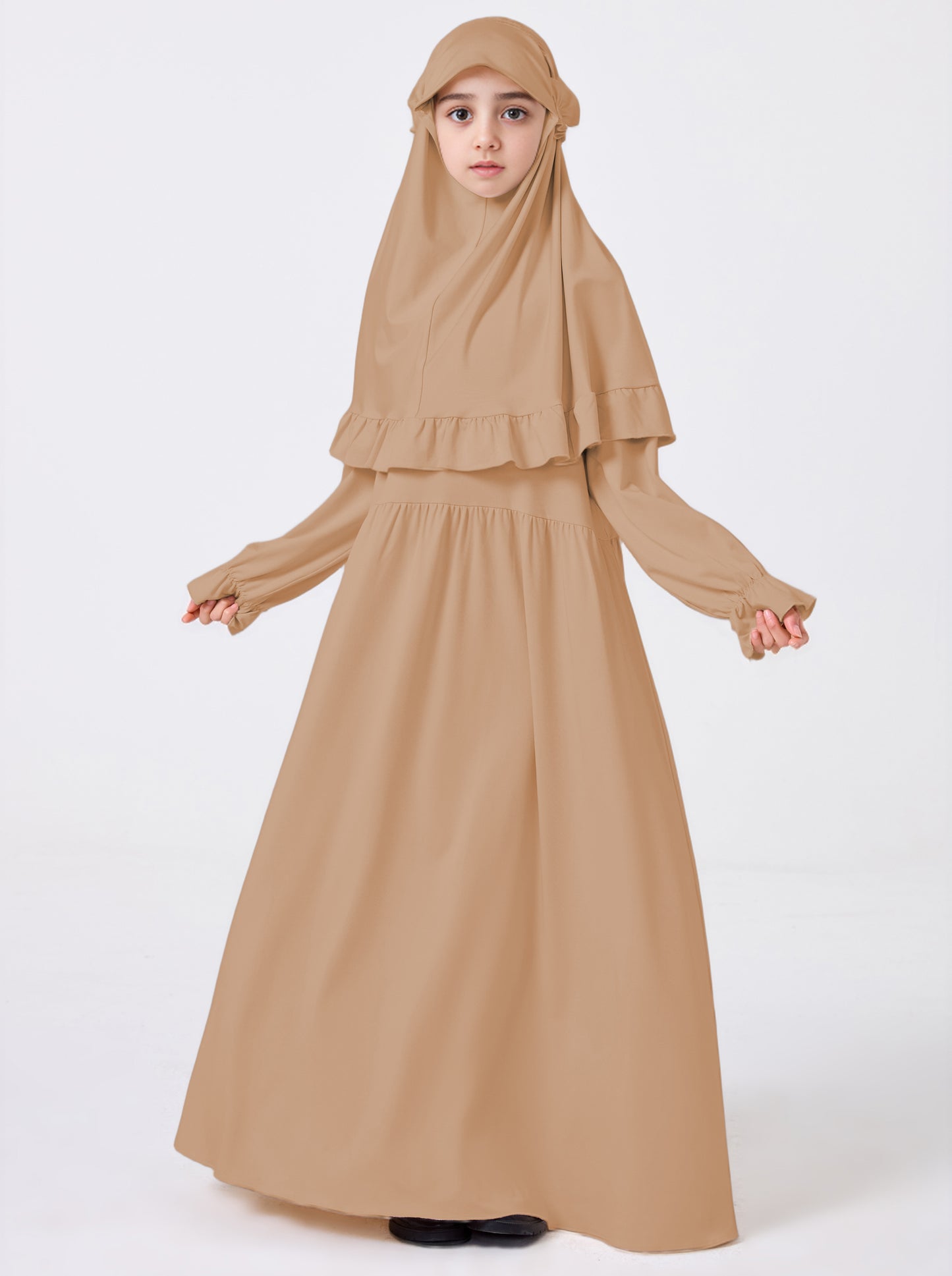 MSL0509 Modest Girls' Abaya Set - Flared Sleeve, Lace Hijab, 2-Piece | Hojumbo
