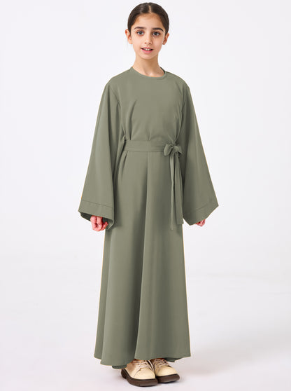 Ramadan Middle Eastern Muslim Girls Solid Color Flared Sleeve Base Abaya with Belt MSL999