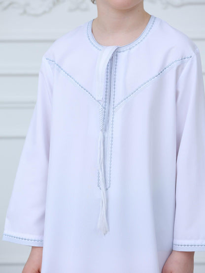 KID0004 Boys' Embroidered Zipper Omani Robe, Ramadan Muslim Boys' Long Dressing Gown, Stylish Islamic Clothing for Kids