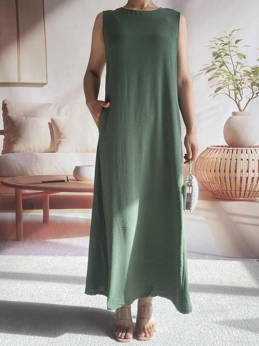 Ramadan Solid Crew Neck Sleeveless Loose Abayas, Elegant Simple Ruffle Hem Maxi Tank Dress, Women's Clothing Kebaya Kaftan MSL153