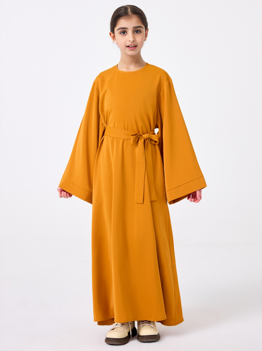 Ramadan Middle Eastern Muslim Girls Solid Color Flared Sleeve Base Abaya with Belt MSL999