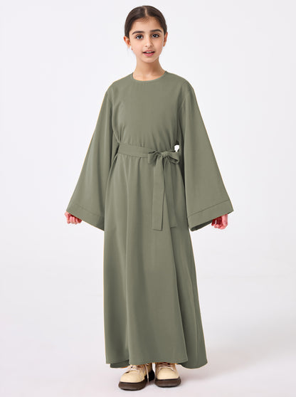Ramadan Middle Eastern Muslim Girls Solid Color Flared Sleeve Base Abaya with Belt MSL999
