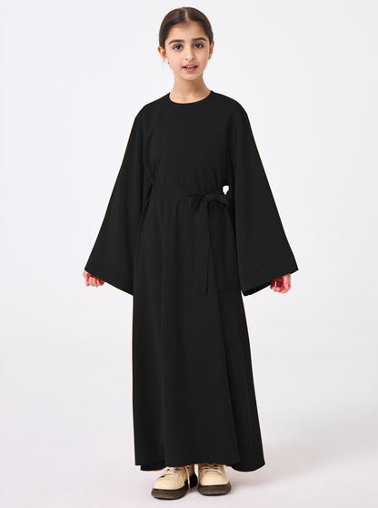 Ramadan Middle Eastern Muslim Girls Solid Color Flared Sleeve Base Abaya with Belt MSL999