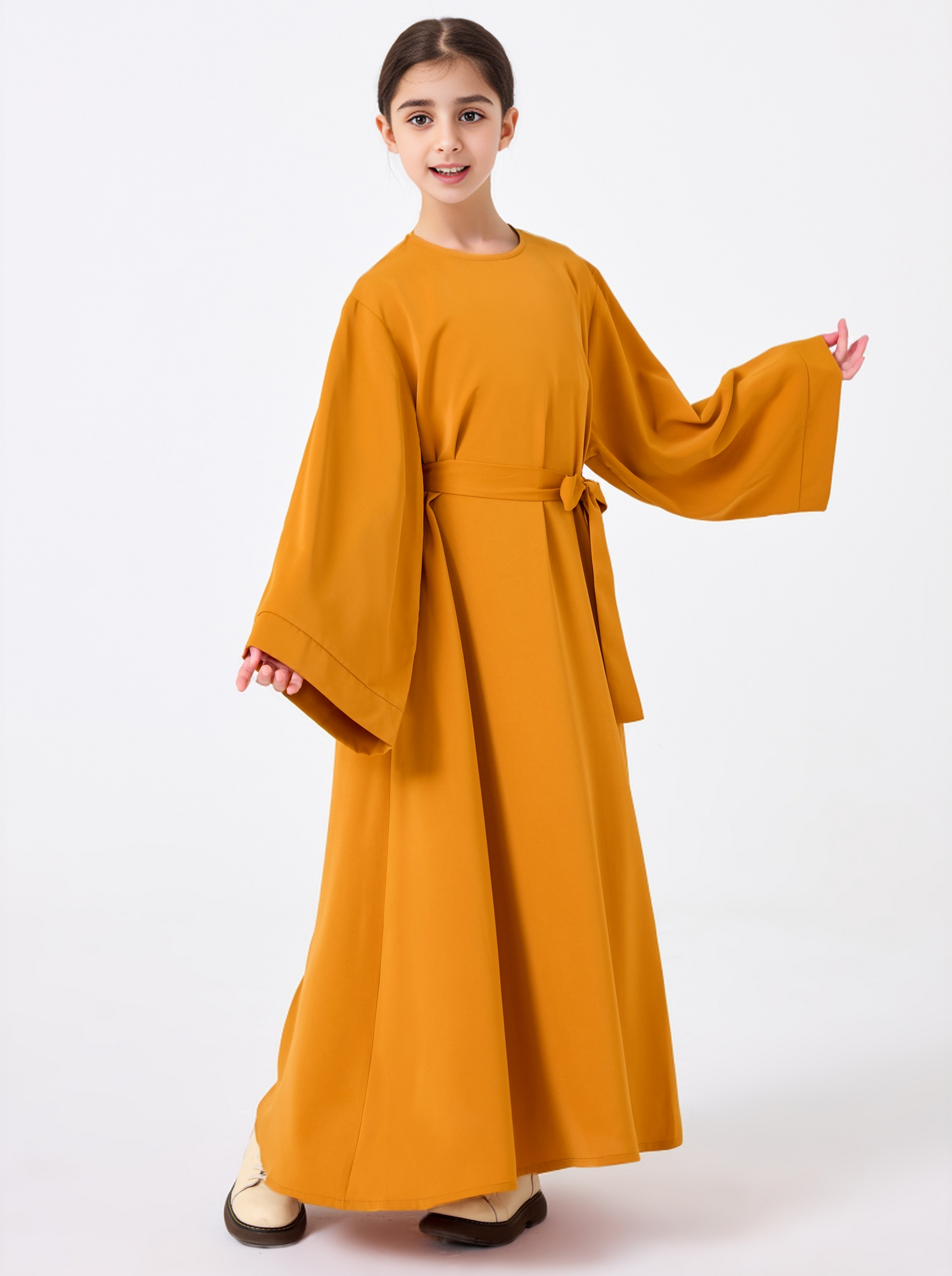 Ramadan Middle Eastern Muslim Girls Solid Color Flared Sleeve Base Abaya with Belt MSL999