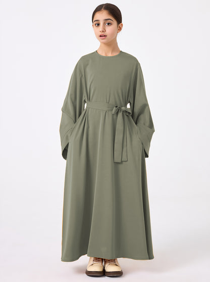 Ramadan Middle Eastern Muslim Girls Solid Color Flared Sleeve Base Abaya with Belt MSL999
