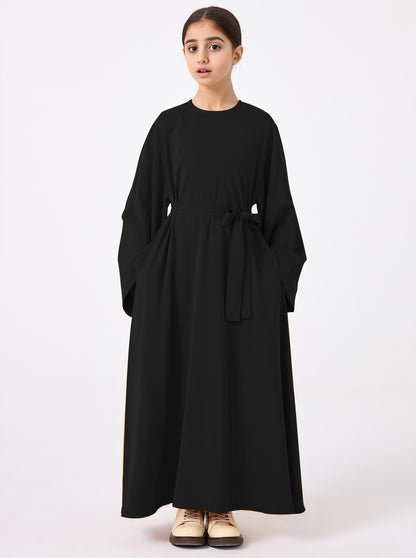 Ramadan Middle Eastern Muslim Girls Solid Color Flared Sleeve Base Abaya with Belt MSL999