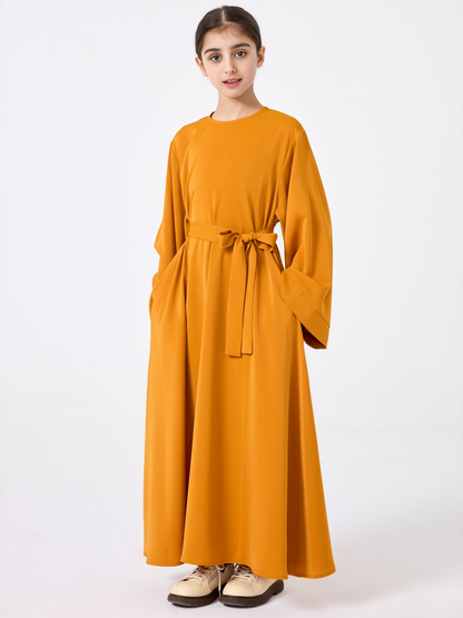 Ramadan Middle Eastern Muslim Girls Solid Color Flared Sleeve Base Abaya with Belt MSL999