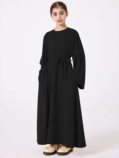 Ramadan Middle Eastern Muslim Girls Solid Color Flared Sleeve Base Abaya with Belt MSL999