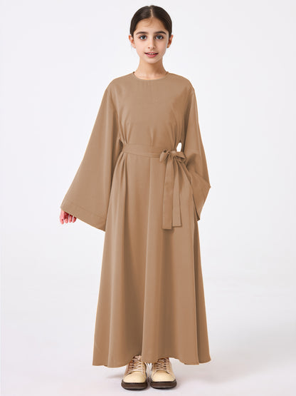 Ramadan Middle Eastern Muslim Girls Solid Color Flared Sleeve Base Abaya with Belt MSL999