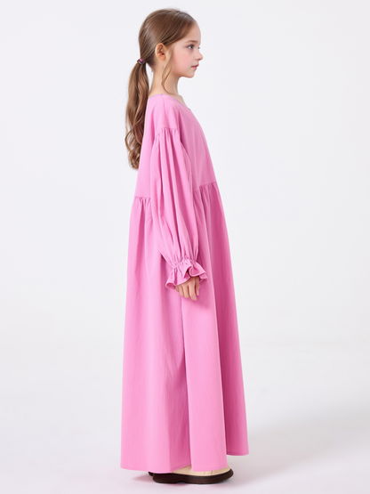 Middle Eastern Muslim Girls Solid Color Round Neck Flared Sleeve Dress Abaya Robe MSL8250
