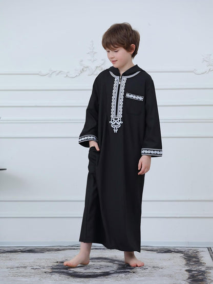 KID0012 Boys' Moroccan Robe Hooded Embroidered Loose Fit Abaya, Muslim Boys' Clothing, Comfortable Long Sleeve Dressing Gown