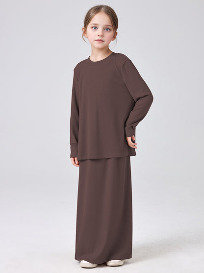 MSL228 Modest Girls' Abaya Set - Ribbed Knit, Ice Silk, 2-Piece | Hojumbo