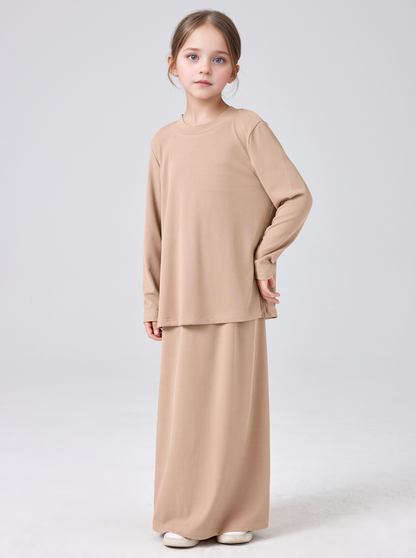 MSL228 Modest Girls' Abaya Set - Ribbed Knit, Ice Silk, 2-Piece | Hojumbo