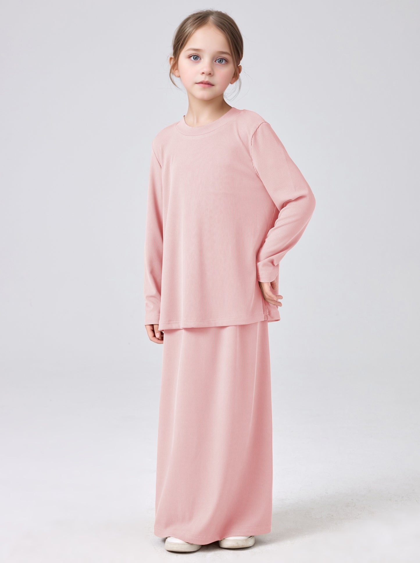MSL228 Modest Girls' Abaya Set - Ribbed Knit, Ice Silk, 2-Piece | Hojumbo