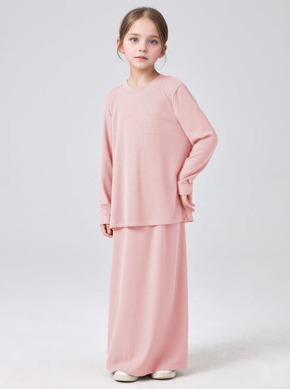 MSL228 Modest Girls' Abaya Set - Ribbed Knit, Ice Silk, 2-Piece | Hojumbo