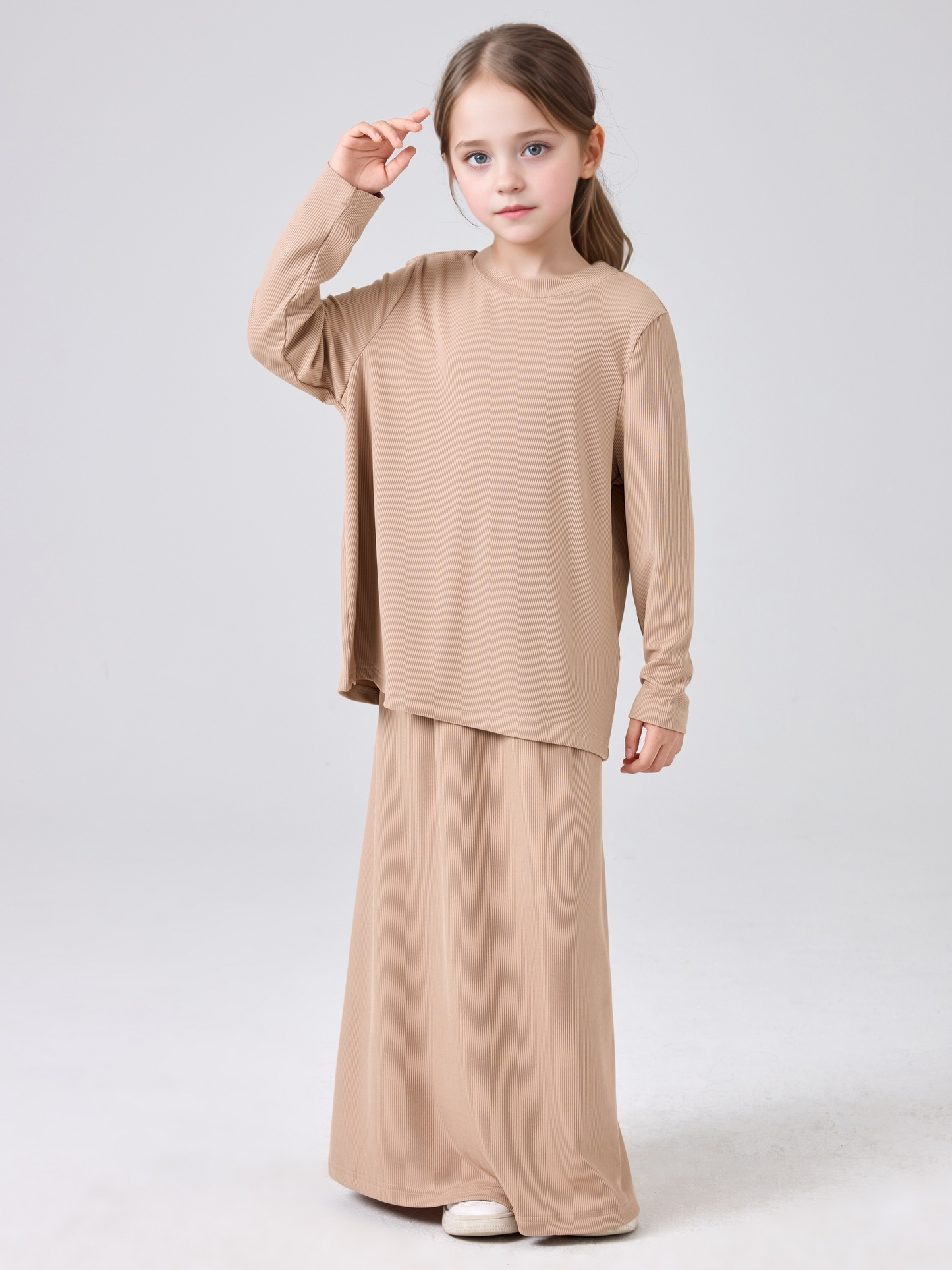 MSL228 Modest Girls' Abaya Set - Ribbed Knit, Ice Silk, 2-Piece | Hojumbo