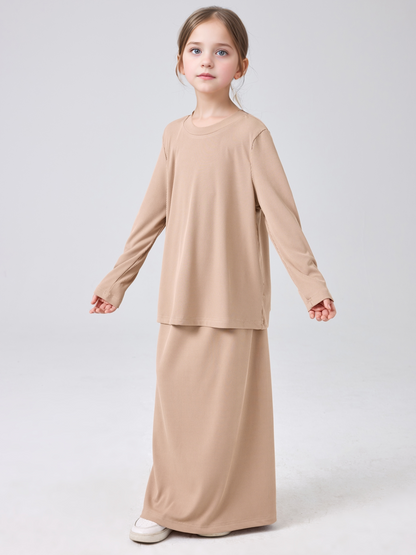 MSL228 Modest Girls' Abaya Set - Ribbed Knit, Ice Silk, 2-Piece | Hojumbo