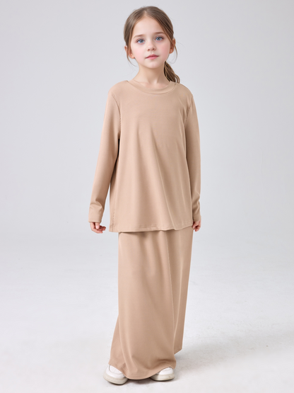 MSL228 Modest Girls' Abaya Set - Ribbed Knit, Ice Silk, 2-Piece | Hojumbo