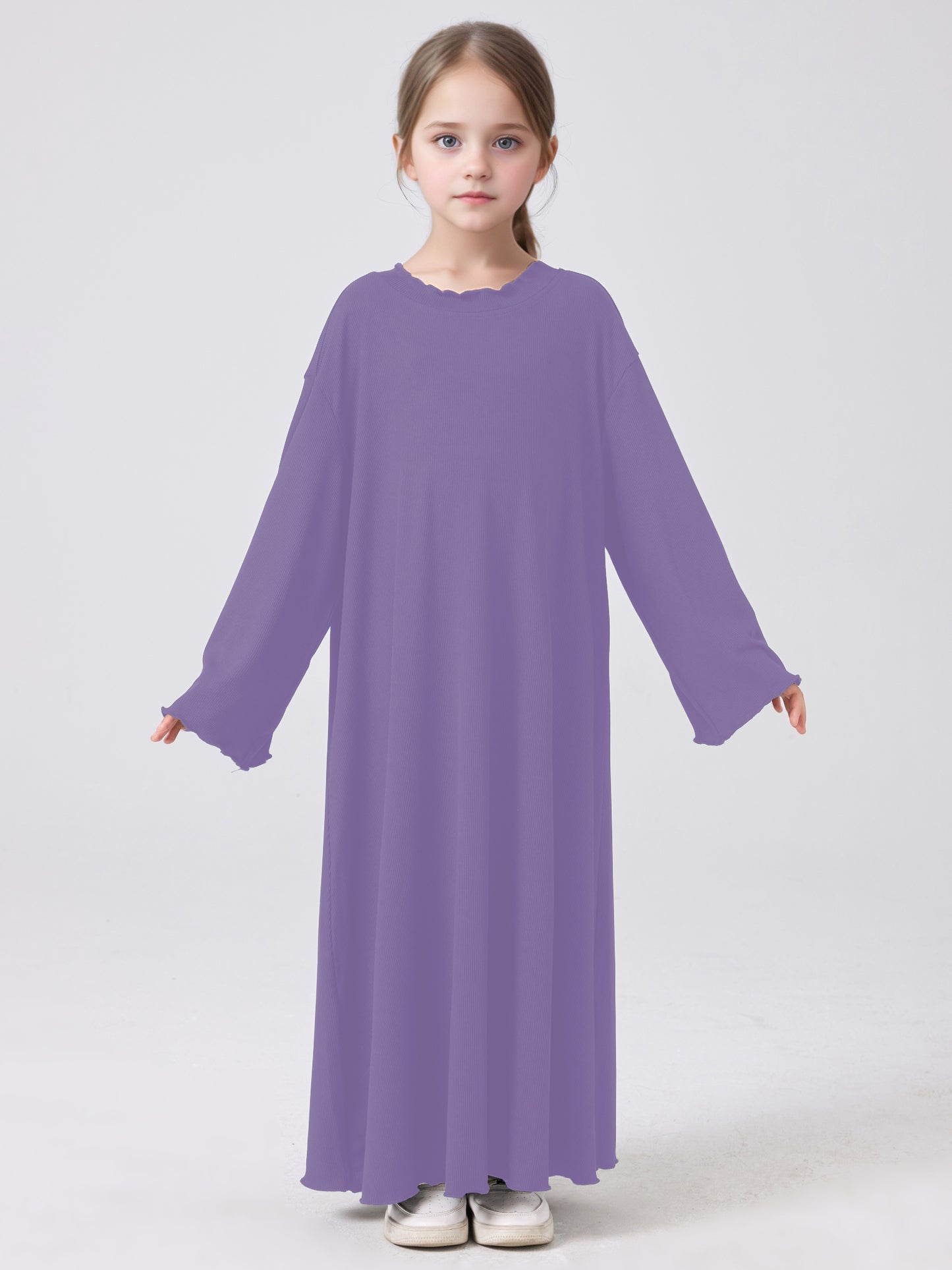 MSL1023 Girls' Abaya Dress Wavy Hem Long Sleeve Solid Color | Girls' Dress, Kids Robe | Hojumbo
