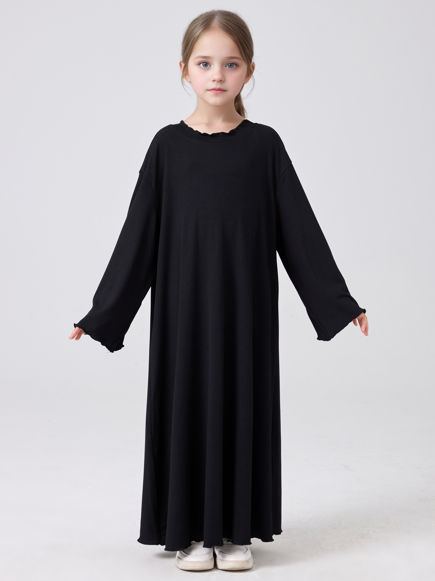 MSL1023 Girls' Abaya Dress Wavy Hem Long Sleeve Solid Color | Girls' Dress, Kids Robe | Hojumbo