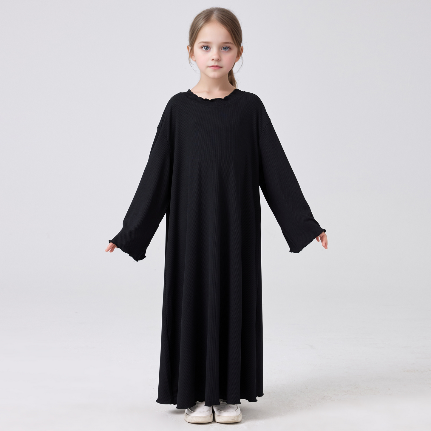 MSL1023 Girls' Abaya Dress Wavy Hem Long Sleeve Solid Color | Girls' Dress, Kids Robe | Hojumbo