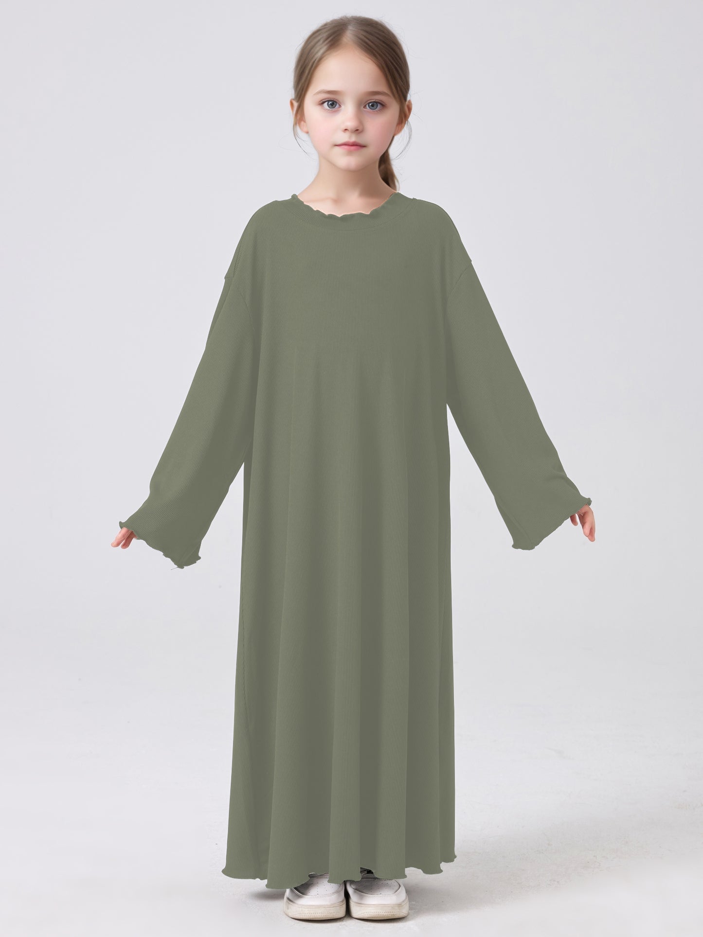 MSL1023 Girls' Abaya Dress Wavy Hem Long Sleeve Solid Color | Girls' Dress, Kids Robe | Hojumbo