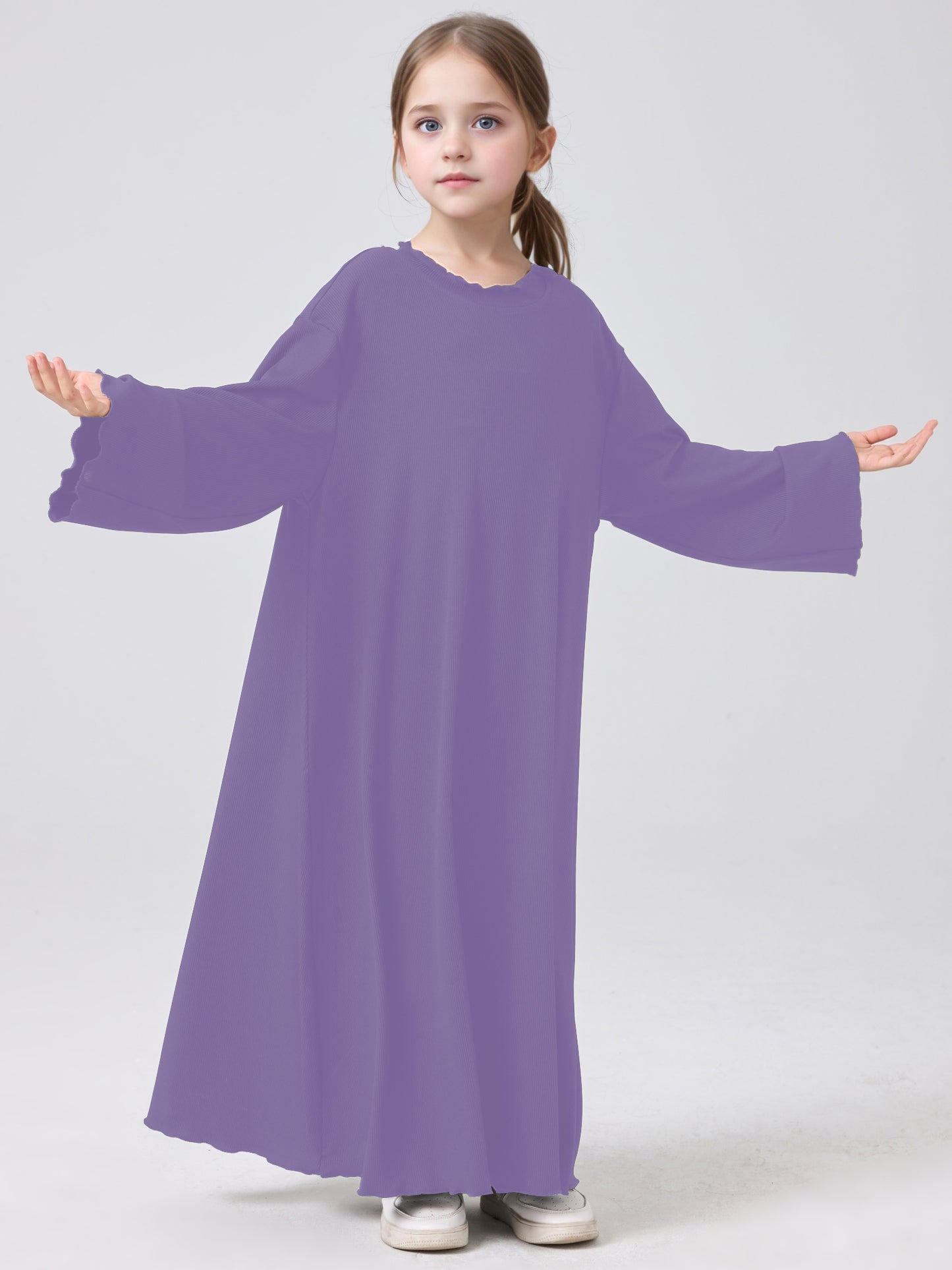 MSL1023 Girls' Abaya Dress Wavy Hem Long Sleeve Solid Color | Girls' Dress, Kids Robe | Hojumbo
