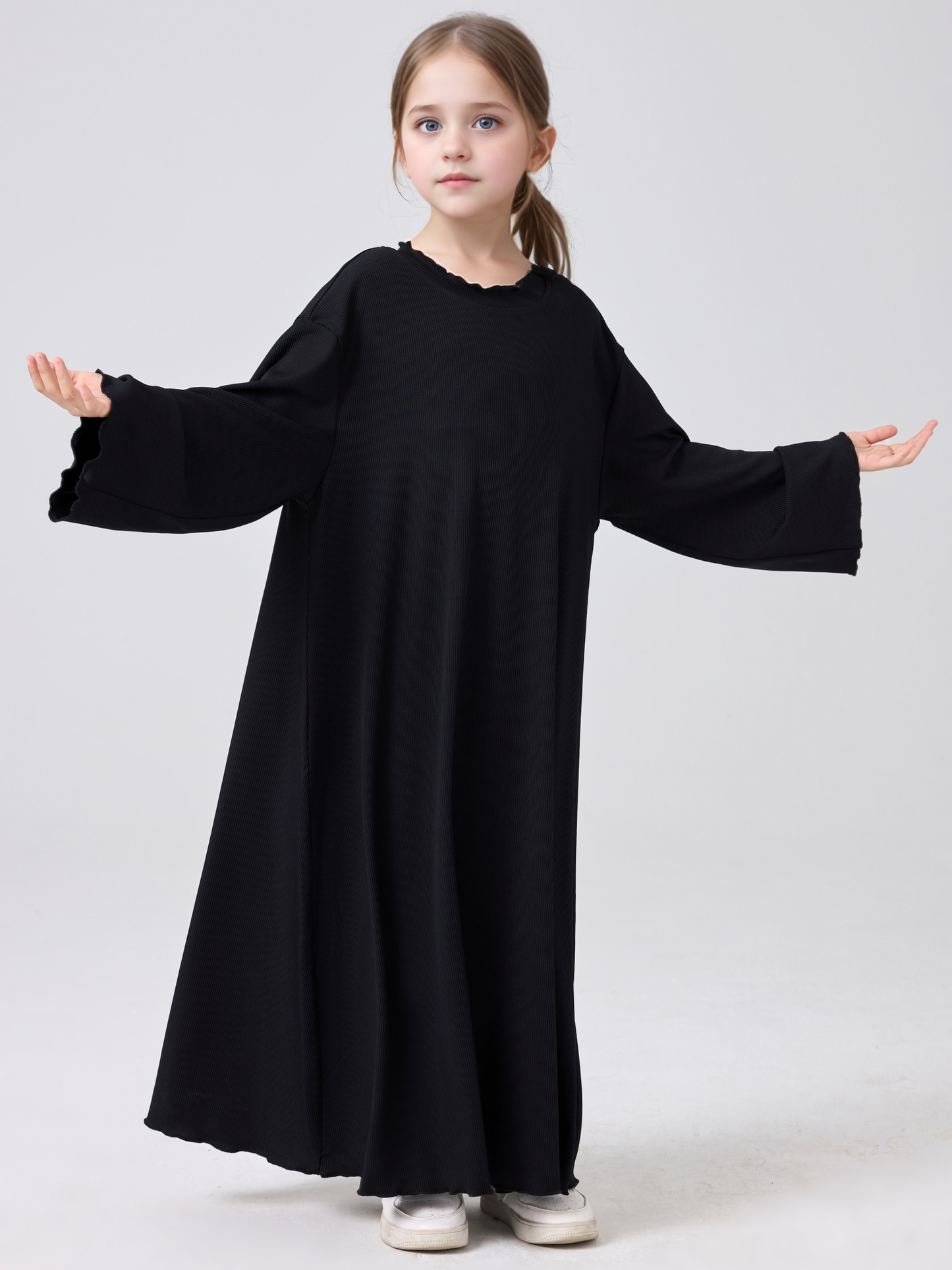MSL1023 Girls' Abaya Dress Wavy Hem Long Sleeve Solid Color | Girls' Dress, Kids Robe | Hojumbo