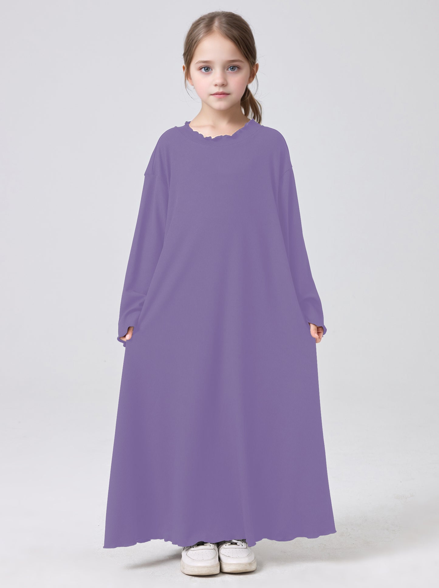 MSL1023 Girls' Abaya Dress Wavy Hem Long Sleeve Solid Color | Girls' Dress, Kids Robe | Hojumbo