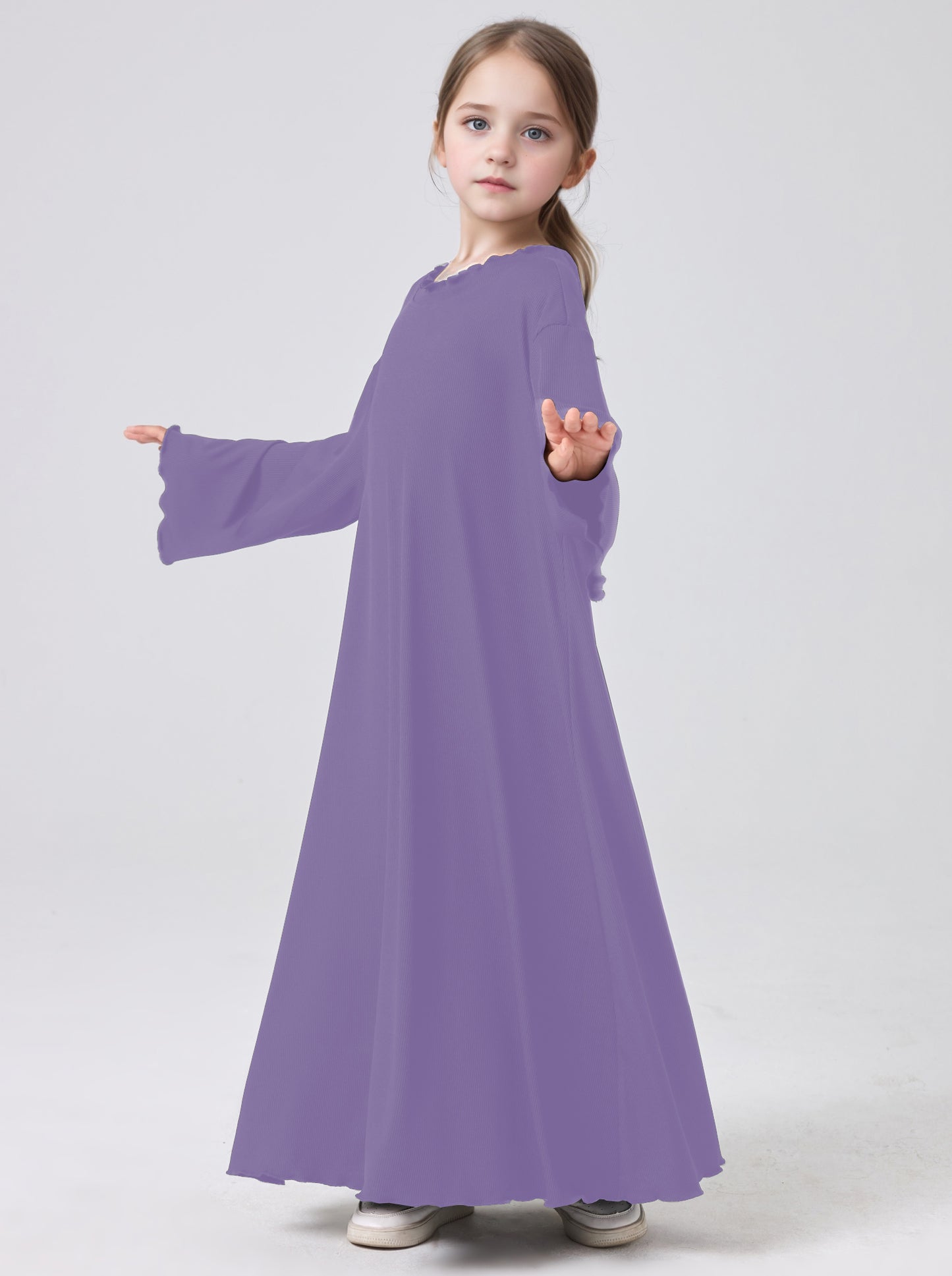 MSL1023 Girls' Abaya Dress Wavy Hem Long Sleeve Solid Color | Girls' Dress, Kids Robe | Hojumbo