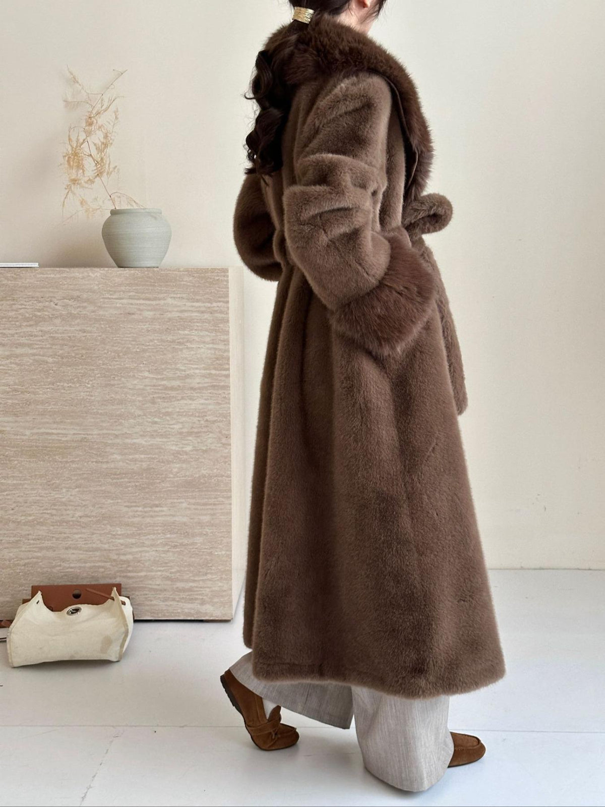 JT8811 Faux Fur Coat - Lapel Collar, Belted, Pocketed, Long Length | Hojumbo