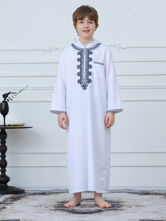 KID0014 Boys' Robe Hooded Embroidered Loose Fit, Muslim Boys' Clothing, Comfortable Long Sleeve Dressing Gown