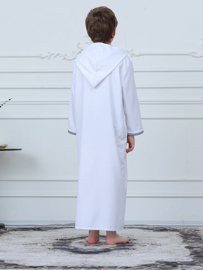 KID0014 Boys' Robe Hooded Embroidered Loose Fit, Muslim Boys' Clothing, Comfortable Long Sleeve Dressing Gown